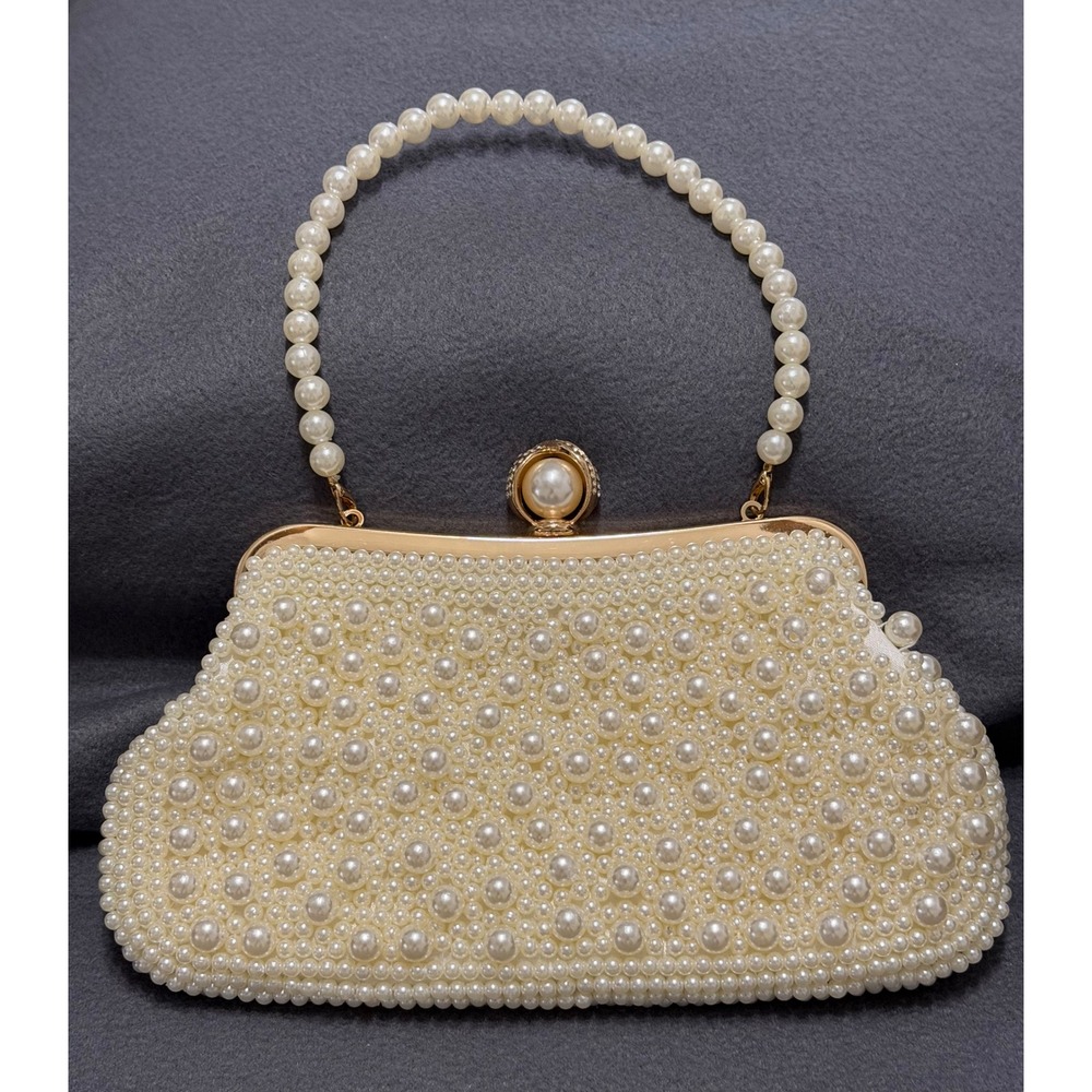 Faux Pearl Beaded Evening Clutch Bag Cream White Gold Frame Wedding Bridal Purse - Picture 2 of 8